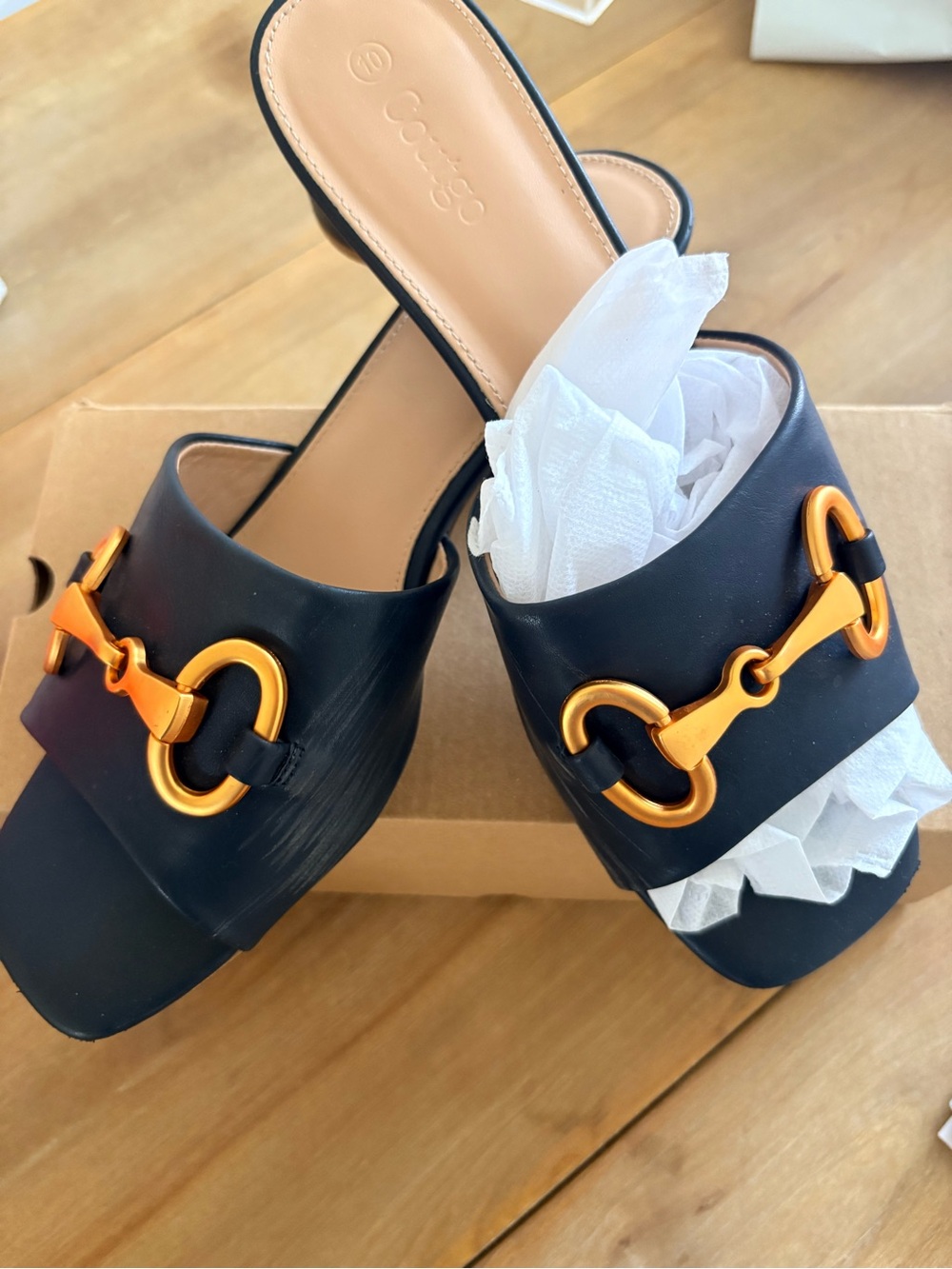 Corkys Black Slide Mules with Gold Hardware